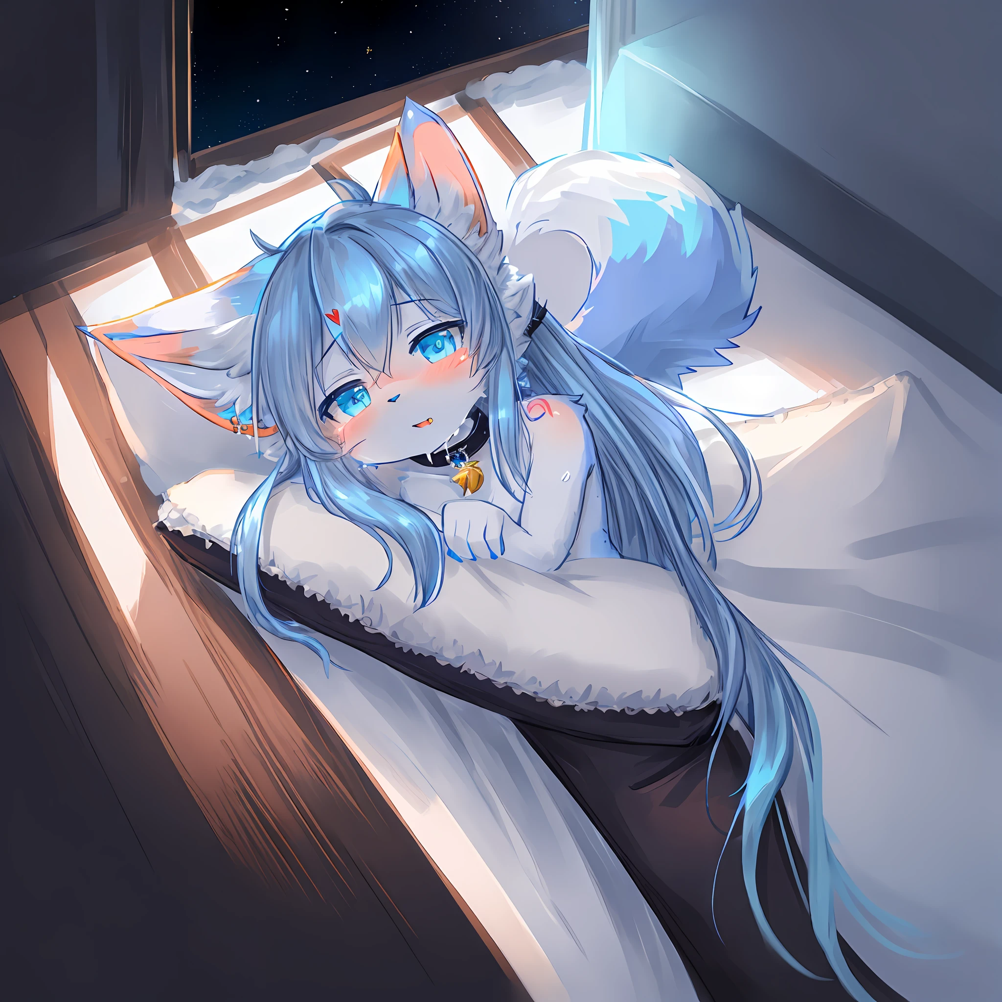 Anime girl laying in bed with blue hair and blue eyes - SeaArt AI