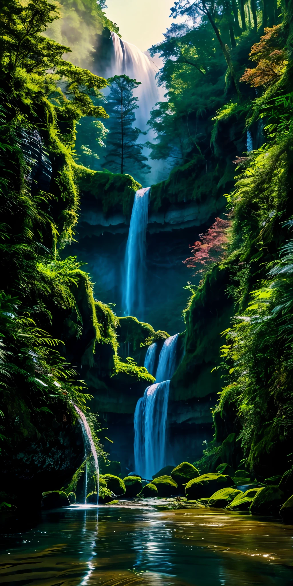 painting of a waterfall in a forest with a river running through it, an endless waterfall, multiple waterfalls, waterfalls, with trees and waterfalls, floating waterfalls, (waterfall), with waterfalls, by Michael James Smith, cascading waterfalls, flowers and waterfalls, cascading iridescent waterfalls, waterfall, several waterfalls, high waterfalls, cascading, forest and waterfall