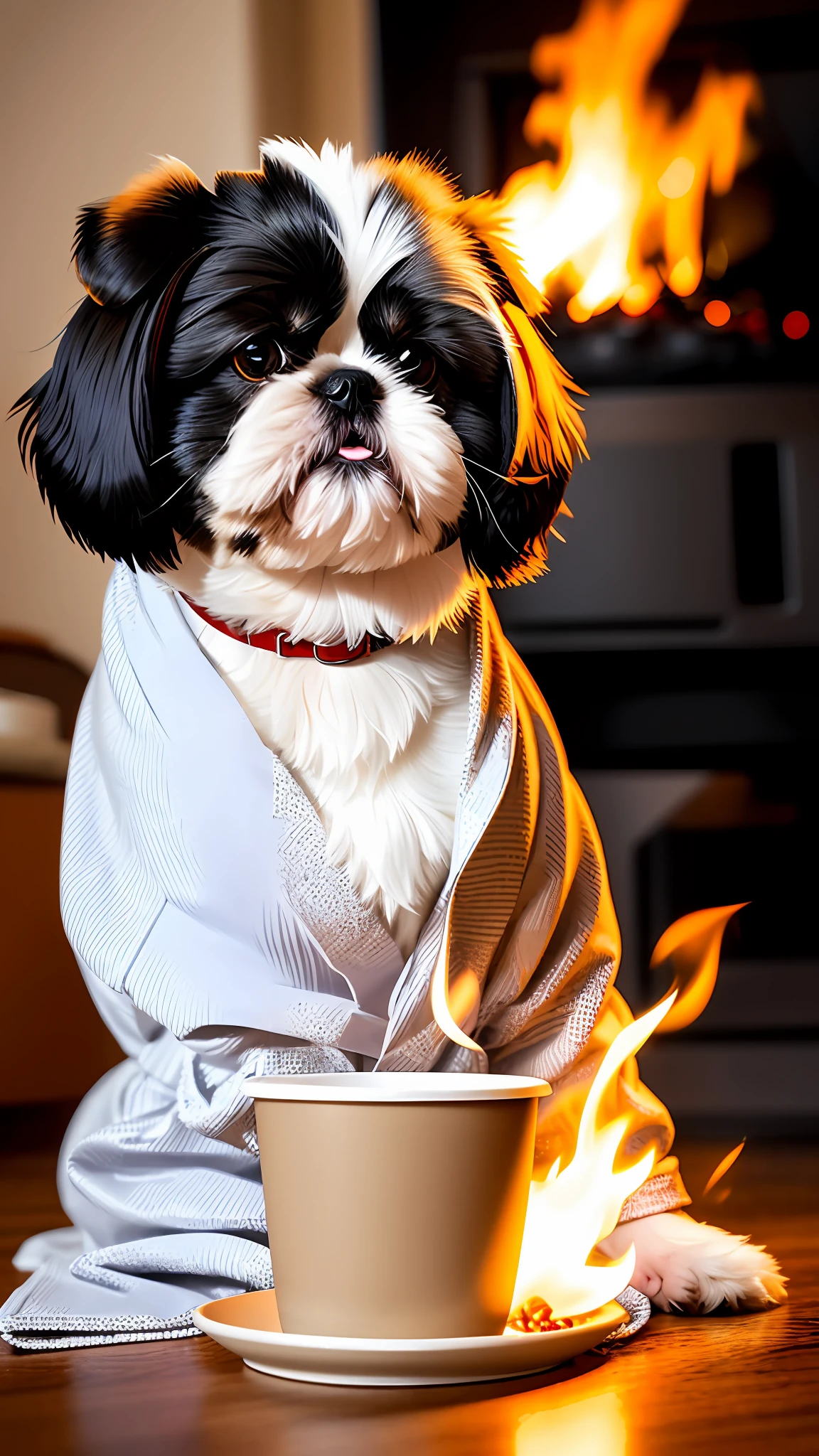 (Shih-tzu dog:1.3) holding a cup of coffee, sitting, in a bathrobe, eating breakfast and holding a cup of coffee, particles, diffuse lighting, room burning, burning floor and chair, many gadgets and equipment, equipment are on fire, smoke, flames around,