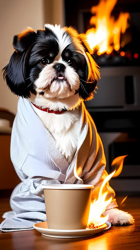 (shih-tzu dog:1.3) holding a cup of coffee, sitting, in a bathrobe, eating breakfast and holding a cup of coffee, particles, dif...