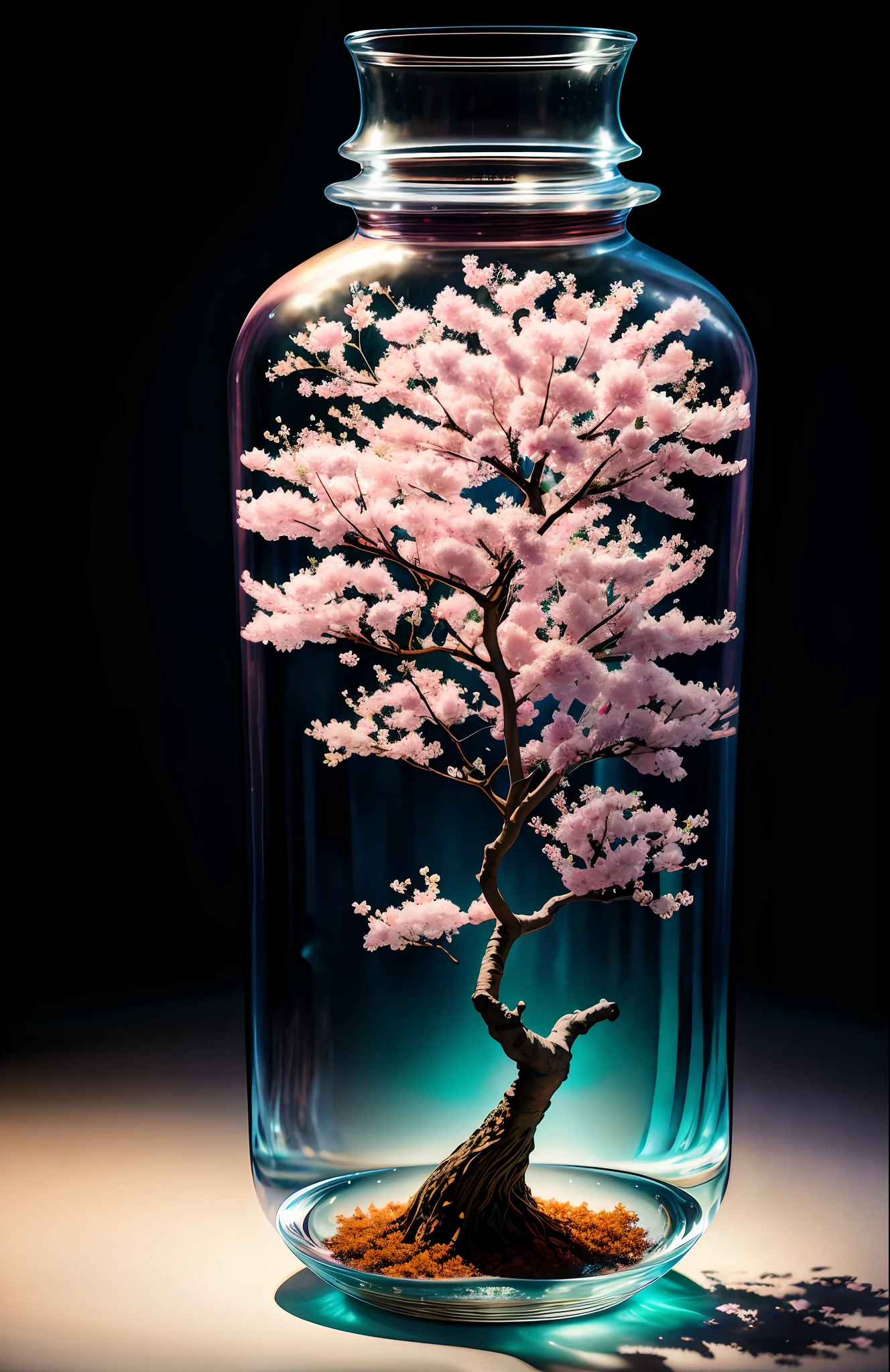 árbol de sakura en una botella, esponjoso, Realista, refracción de la luz atmosférica, por lee jeffries nikon d850 película fotografía de stock 4 cámara kodak portra 400 f1.6 lens rich colors hyper Realista lifelike texture dramatic lighting unreal engine trending on artstation cinestill 800, Estilo-vidrio