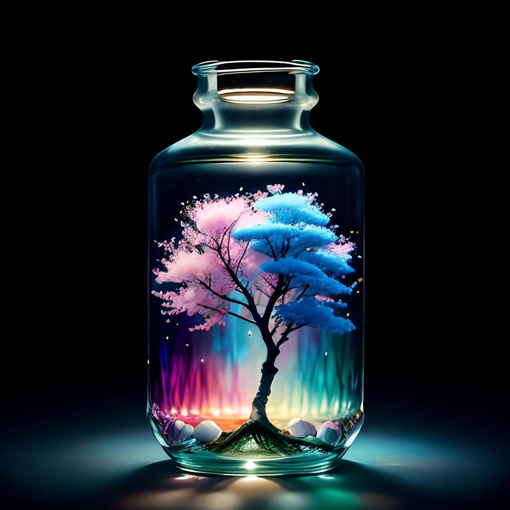 árbol de sakura en una botella, esponjoso, Realista, refracción de la luz atmosférica, por lee jeffries nikon d850 película fotografía de stock 4 cámara kodak portra 400 f1.6 lens rich colors hyper Realista lifelike texture dramatic lighting unreal engine trending on artstation cinestill 800, Estilo-vidrio