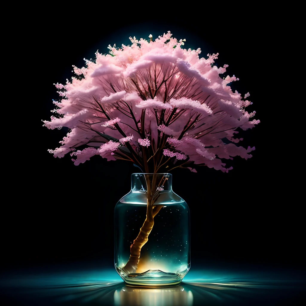 Sakura-Baum in einer Flasche, flauschige, Realistisch, Atmosphärische Lichtbrechung, von Lee Jeffries Nikon D850 Film Stock Foto 4 Kodak Portra 400 Kamera F1.6 lens rich colors hyper Realistisch lifelike texture dramatic lighting unreal engine trending on artstation cinestill 800, Stil-Glas