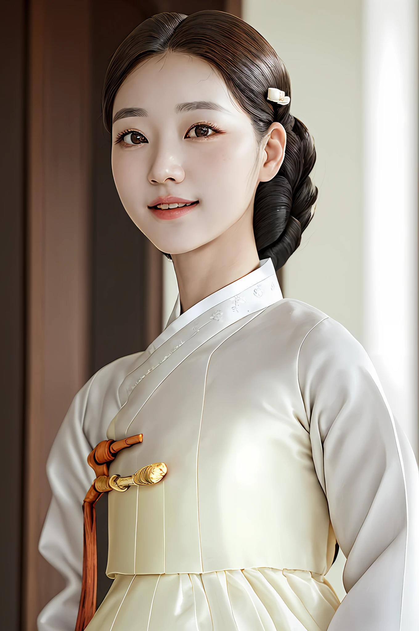 1woman,, deep eyes, (black eyes:1.2), {short eyelashes}, detailed shoulder hair, (dark brown hair:1.1), (very realistic:1.2), (close-up photo:0.8), (complex:1.2), (looking at camera:1.2), white hanbok, smile, realistic face, perfectly proportioned face, natural makeup, sharp focus, wooden door background,