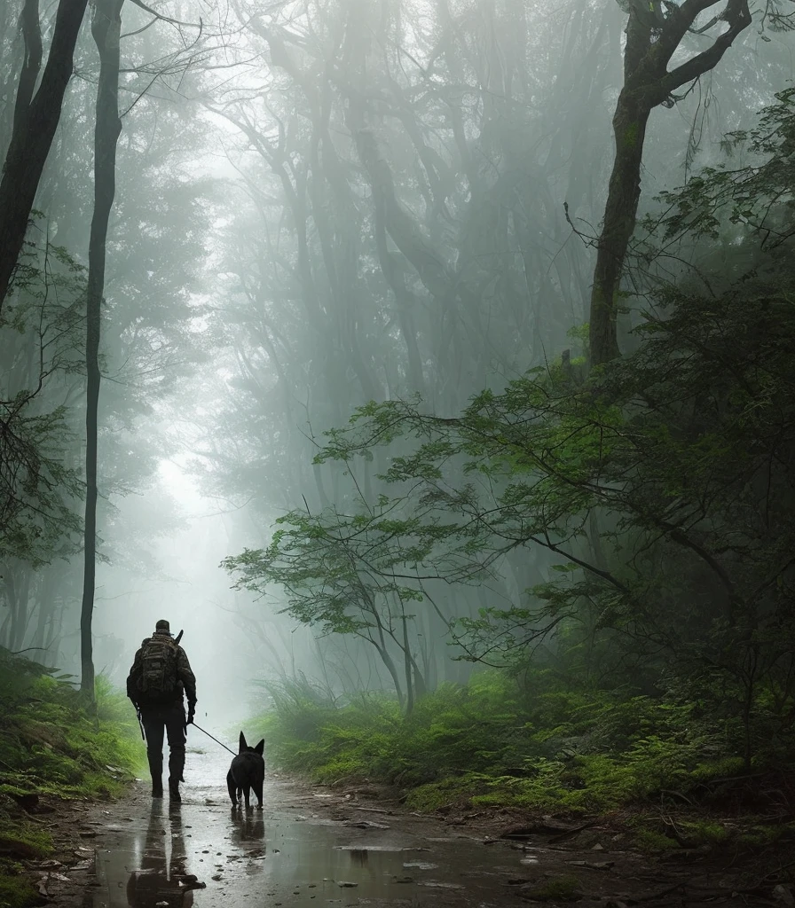 (masterpiece) RAW highly detailed, a man with a post-apocalyptic dog with a backpack is walking down a clear alley in a leafy and long forest, at the end of the way a strong white light shaped ball, hassanfantasy style, by Jeremy Mann and Donato Giancola ultra realistic highly detailed intricate photorealistic