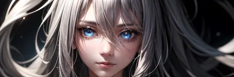 (Masterpiece, Best Quality: 1.2), Gray Hair, Messy Hair, Expressive Hair, Sparkling Eyes, (Only Two Eyes) Concept Art, Glowism, Film Lighting, Glitter, Flash Tracing, Depth of Field, Face Close-up, 1girl, Solo, Digital Art, Intricate Details, Delicate Patt...