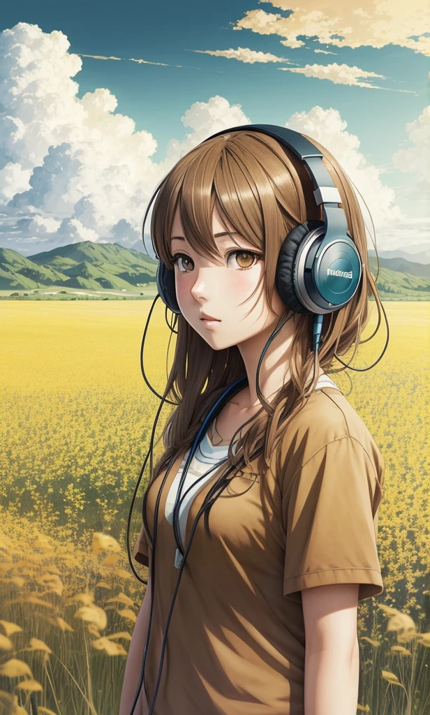 una chica anime con auriculares y parada en un campo, al estilo de los retratos realistas hiperdetallados, cabina, colores terrosos, ambicioso, dinopunk, Nubes atmosféricas, atrevido, manga-inspired characters