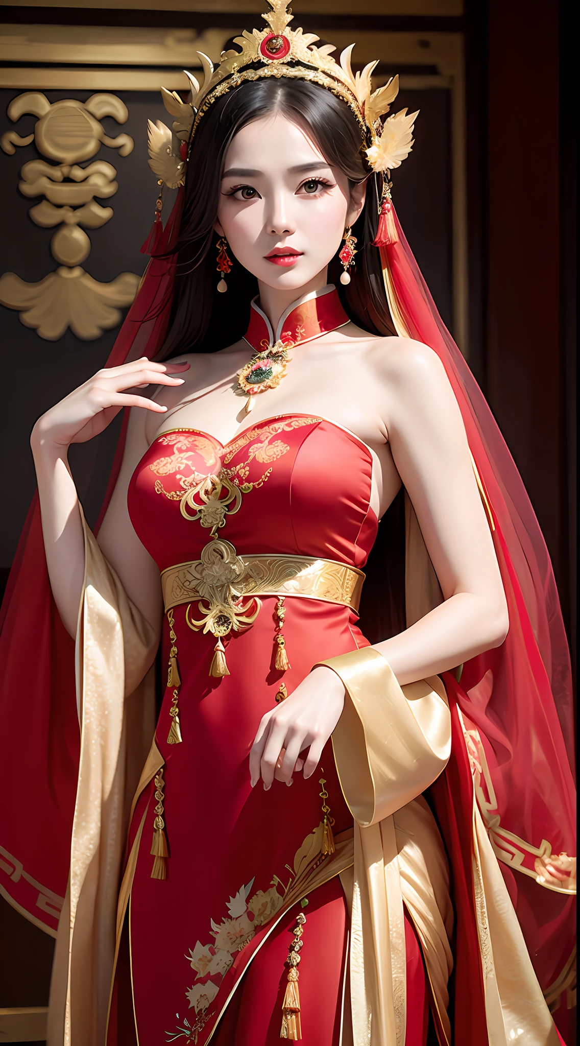 (8k, RAW Photo, Best Quality, Masterpiece: 1.2), (Realistic, Realistic: 1.37), 1 Girl, Aalfi Woman Posing for Photo in Red Dress and Headdress, Gorgeous Role Play, Beautiful Costume, Complex Fantasy Dress, Beautiful Fantasy Queen, Chinese Dress, Complex Dress, Complex Costume, Traditional Beauty, Gorgeous Chinese Model, Chinese Costume, Inspired by Lan Ying, Wearing Gorgeous Costume, Inspired by Puhua, wearing elegant Chinese Xiuhe dress, Chinese wedding dress, Phoenix crown Xia hand, antique bride