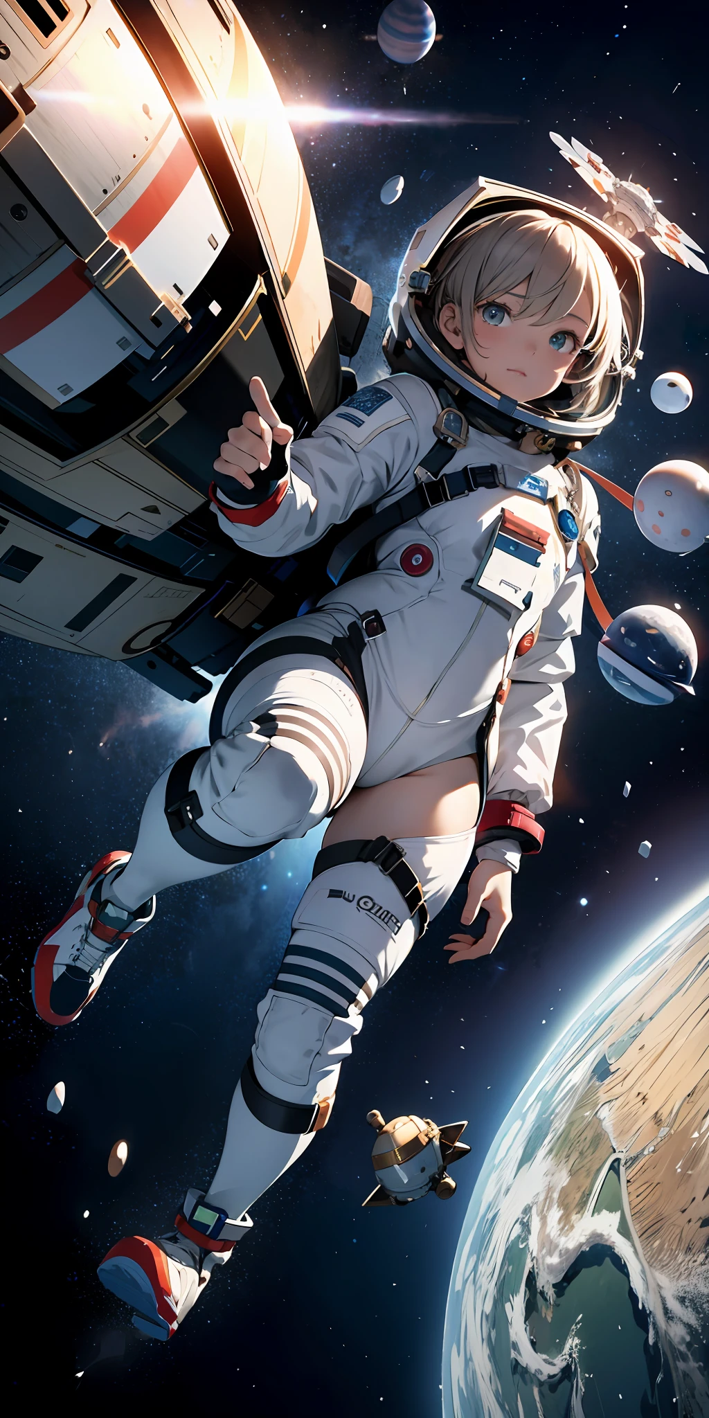 Абсурдное решение, высокое разрешение, (шедевр:1.4), ультрадетализированный, 1 девушка, in космосsuit, видно сверху, космос, Плавающий, спутник, поза бега, искажение широкоугольного объектива