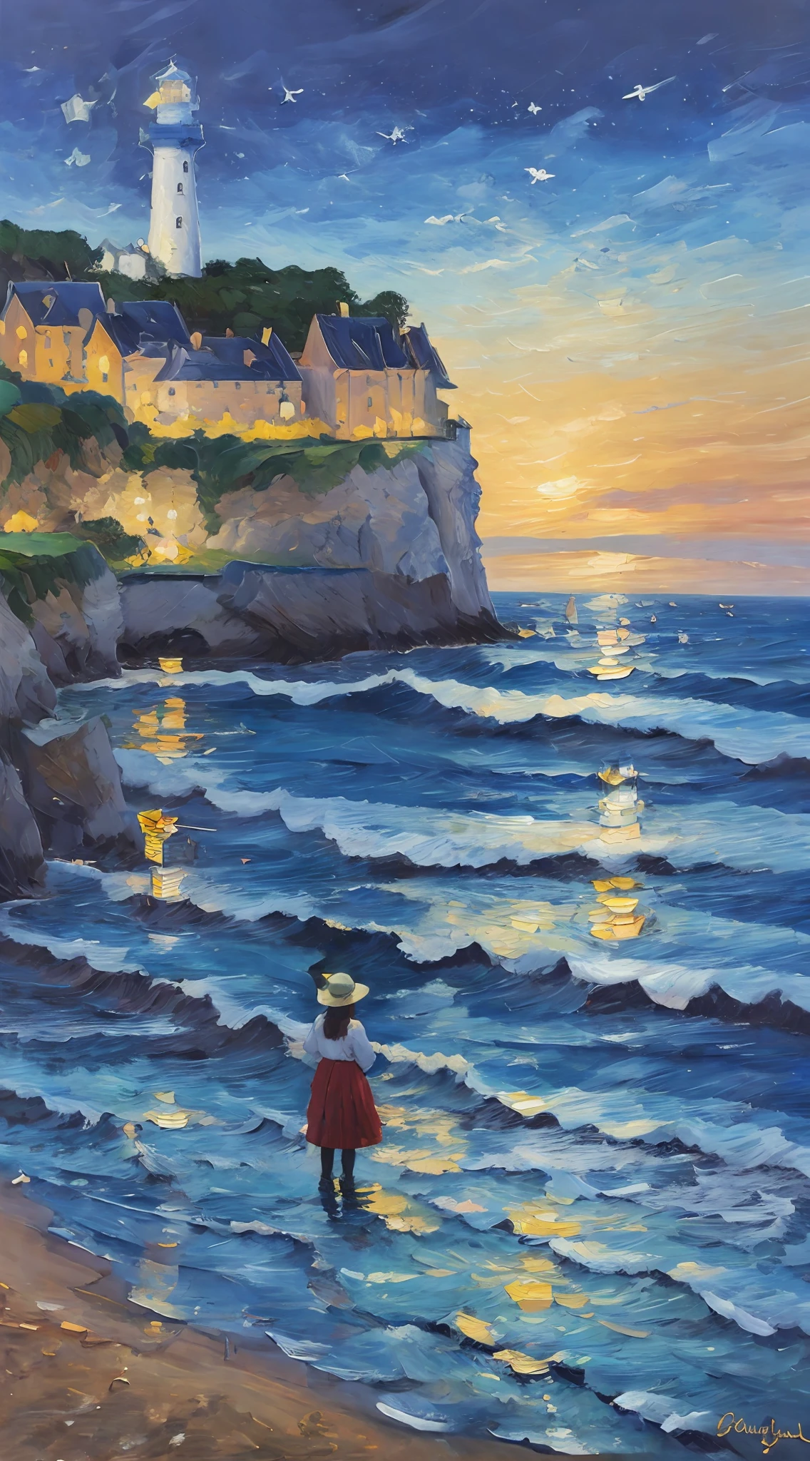 尤金·布丹 (Eugene Boudin) 创作的一幅精美的油画，描绘了一座灯塔，建在埃特勒塔的悬崖上，夜空阴云密布，深蓝色的大海之上，清澈的海浪拍打着海岸, 风景插图, 数字绘画, artstation 上的热门., 表现主义, 许多, 印象派, Post-印象派, 景深, 最好的质量