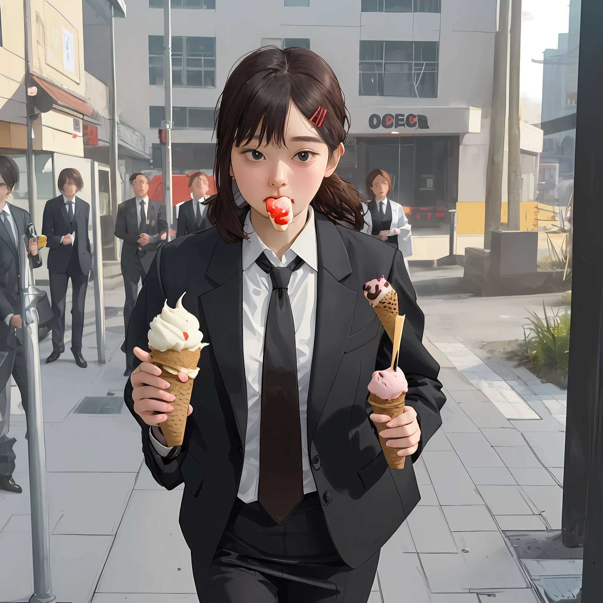 (1 girl) eating an ice cream in a shy way, wearing an office suit, jacket and tie, walking the streets, super detailed, high definition.