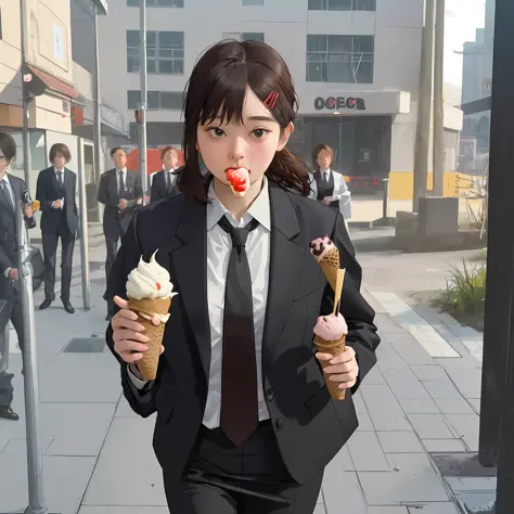 (1 girl) eating an ice cream in a shy way, wearing an office suit, jacket and tie, walking the streets, super detailed, high def...