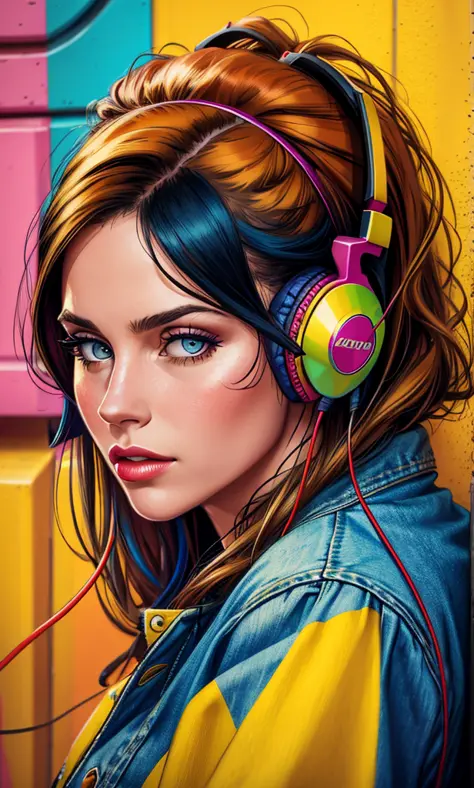 a woman in colorful clothing with headphones, in the style of photorealist details, american, photographically detailed portraitures, airbrush art, classic american cars, dark amber and blue, yellow and red