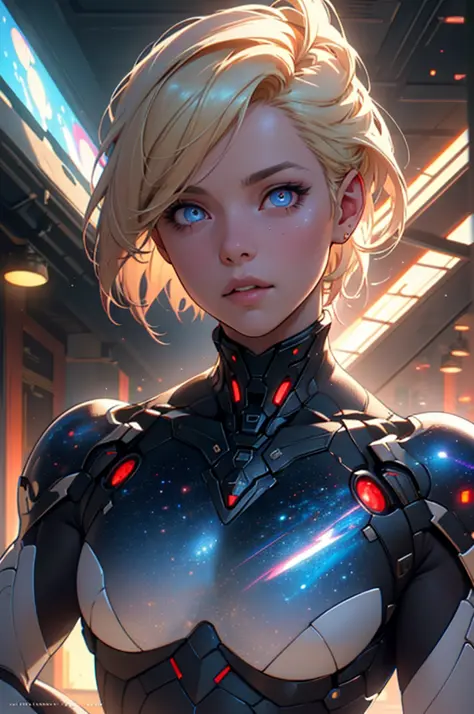 Highly detailed RAW color photo, beautiful young woman, short blonde hair, dynamic pose, (wide hips), (detailed skin), (detailed lips), (detailed eyes), (cosmic: 1.4), (necropolis: 1.1), (science fiction setting) (detailed face), (curvy), red clothing, det...