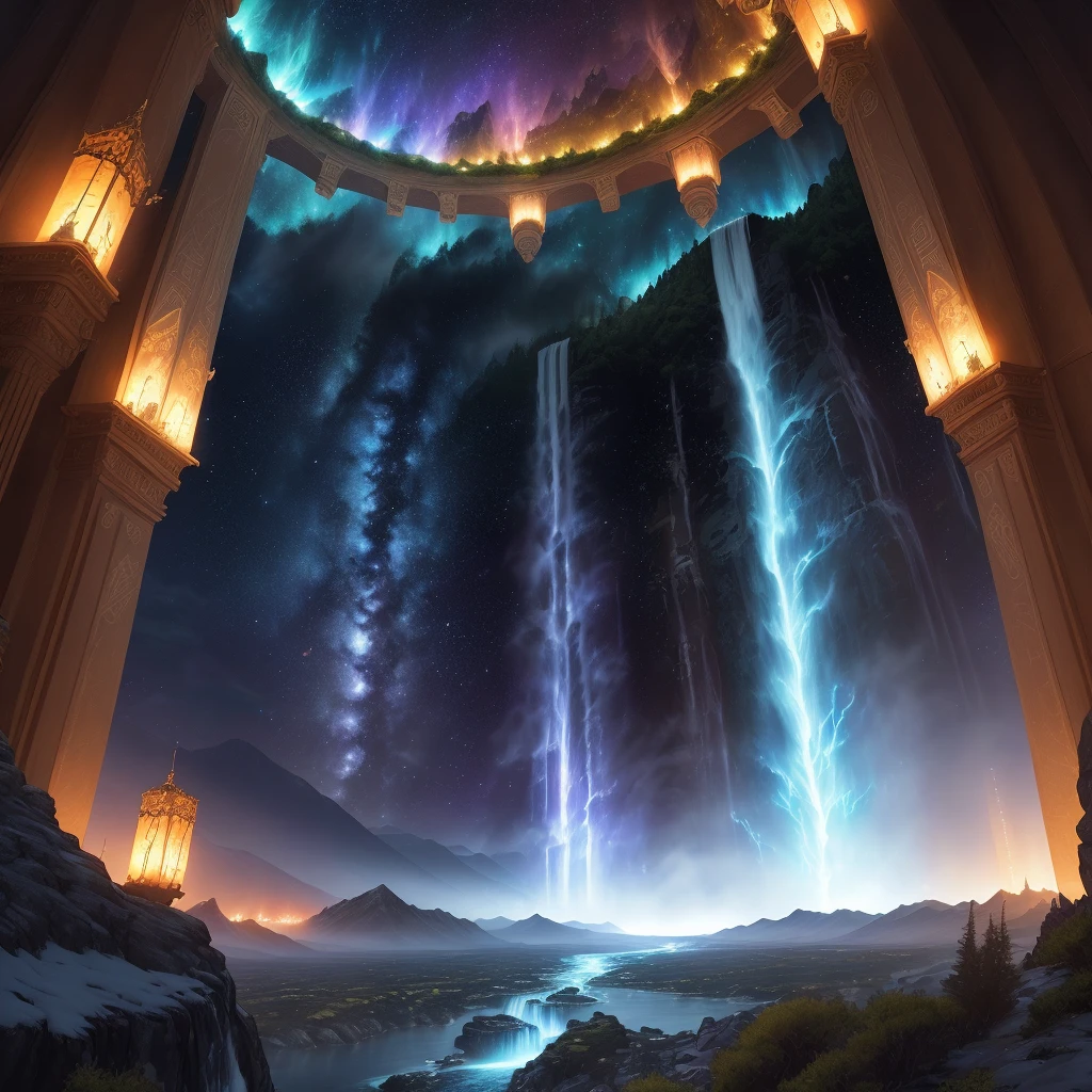 A painting of a waterfall in a cave with lights coming out of it ...