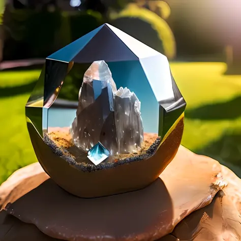 photo of A large crystal stone in an anthill, the background and a lawn, should have lighting reflections in the crystal, 4k, hdr, ray tracimg.