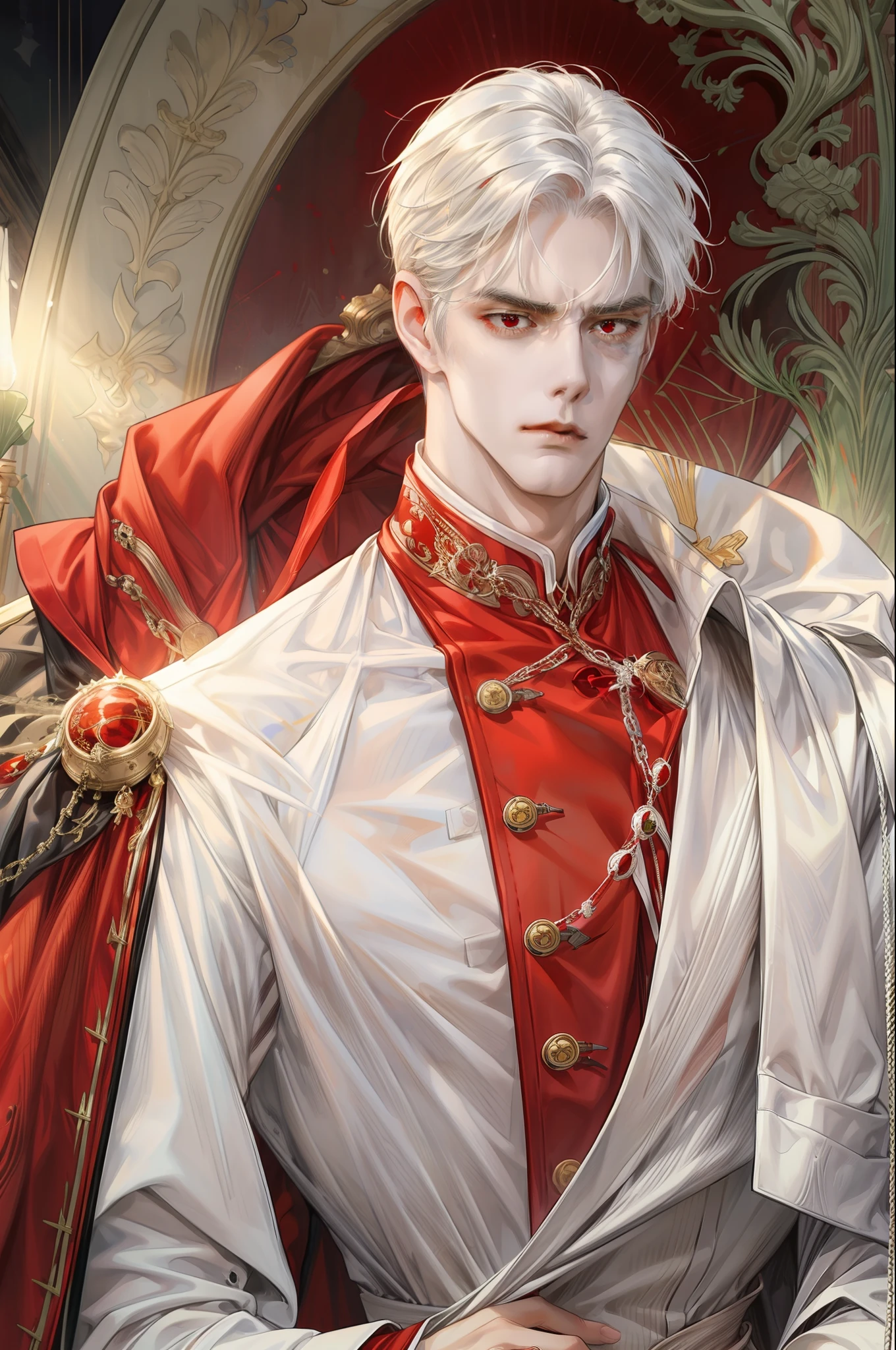 (ridiculous, tall, super detailed), 1 male, adult, handsome, tall, broad shoulders, fine facial features, red and white suit, white hair, red eyes, mature male, fair skin, hands raised, serious expression, indifferent, unruly