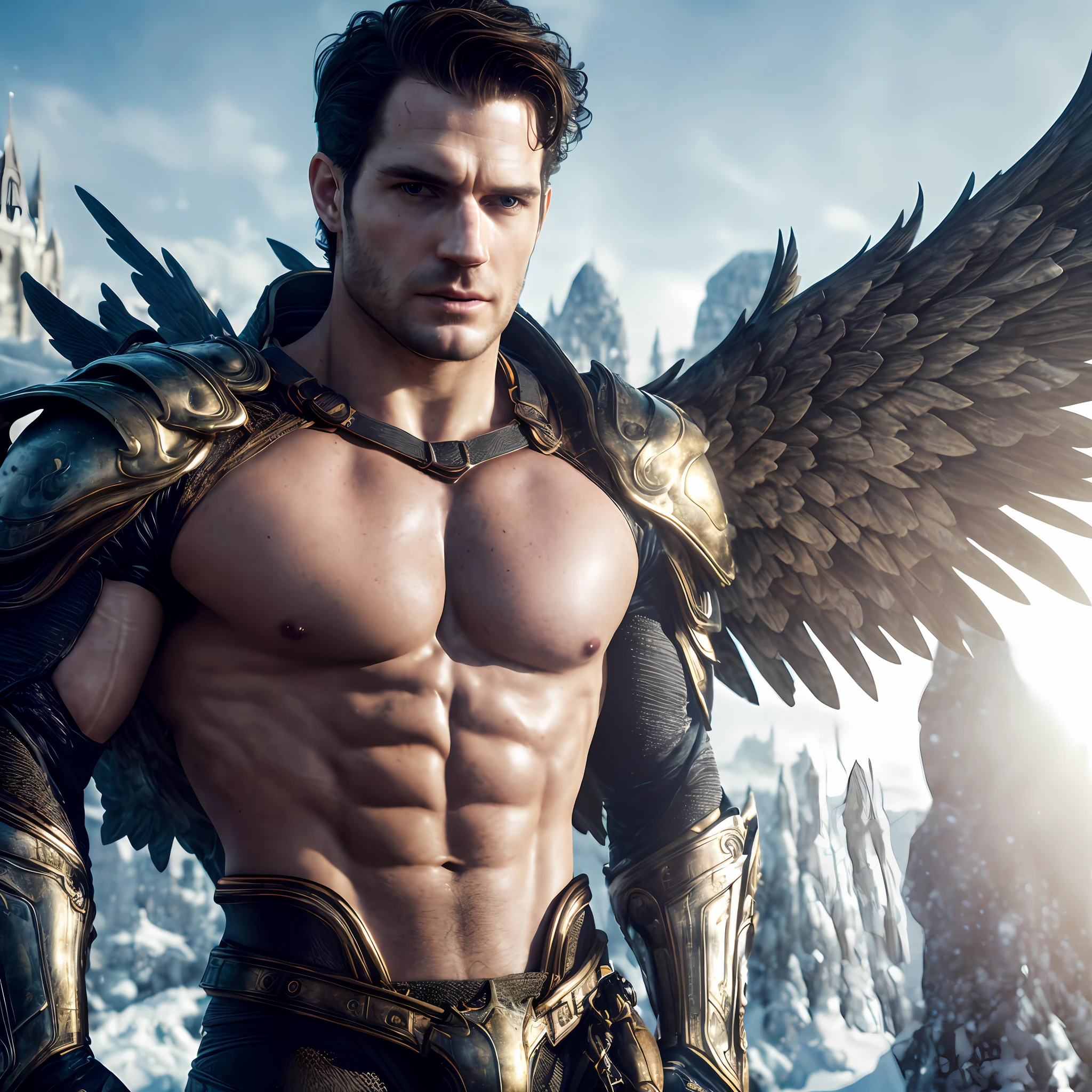 ultra high res, best quality, photo, 4k, (photorealistic:1.4), cinematic lighting, a male angel with large translucent wings,muscular man, abdominal muscle, wearing medieval gold armor, detailed feathers, cyberpunk environment, snow and ice environment in the background, cathedral of ice, portal of the future, volumetric light, HD, magic, god light, backlighting, detailed face, contrapposto, smooth skin, henry cavill, chris evans, matt bommer