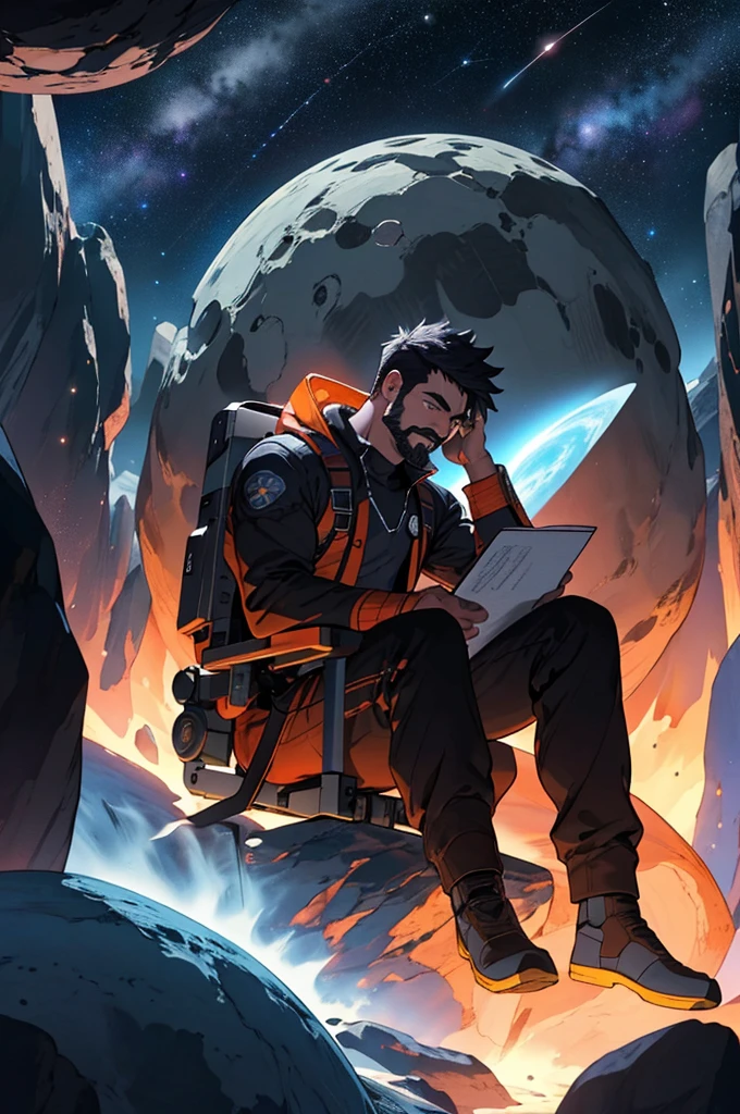 Draw a young programmer, sitting on a research platform floating in the middle of an asteroid belt. He is studying with a notebook, surrounded by several asteroids glowing with fiery auras. Dramatic lighting from distant stars and planets illuminates the scene, casting deep shadows on the suit. The young man looks confident and determined, looking at the vast and mysterious universe with wonder and respect,facial hair, cowboy shot,