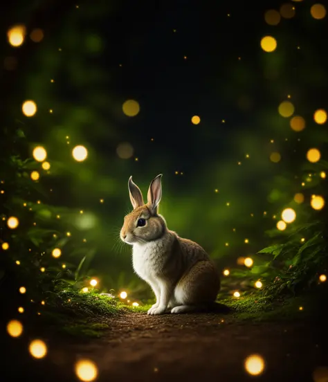 close up photo of a rabbit in an enchanted forest, nighttime, fireflies, volumetric fog, halation, bloom, dramatic atmosphere, c...