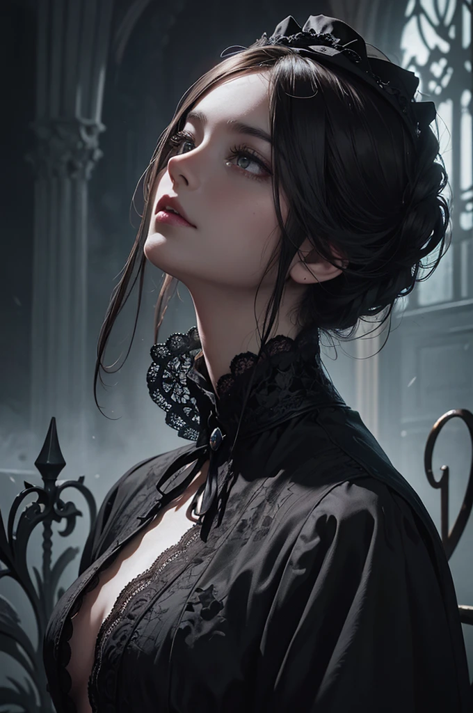 Official Art, Unity 8k wallpaper, super detailed, beautiful, beautiful, masterpiece, best quality,
darkness, atmosphere, mystery, romanticism, creepy, literature, art, fashion, victorian, decoration, intricacies, ironwork, lace, contemplation, emotional depth, supernatural,
1 girl, solo, neck, bust composition