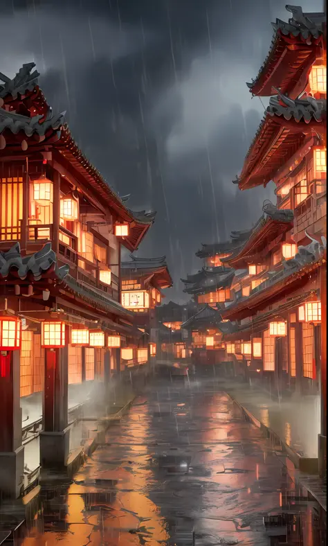 arafed view of a village with a lot of lights on the buildings, dreamy chinese town, chinese village, amazing wallpaper, japanese town, japanese village, hyper realistic photo of a town, old asian village, japanese city, by Raymond Han, rainy evening, cyberpunk chinese ancient castle, beautifully lit buildings, at evening during rain, beautiful and aesthetic, photography, cinematic, 8k, high detailed ((Heavy rain)))