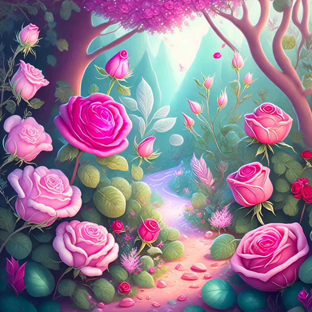 "Une illustration de dessin animé au pastel mettant en vedette des roses vibrantes et des pierres précieuses rubis étincelantes. Plongez-vous dans un monde mystique rempli d&#39;éléments magiques (pondéré à 0.9). Découvrez une forêt éthérée remplie d&#39;une abondance de plantes lors d&#39;un voyage aligné sur un jeu mobile. Profitez de la touche de magie en explorant les silhouettes d&#39;animaux pittoresques intégrées dans le paysage (pondéré à 0.8)."
