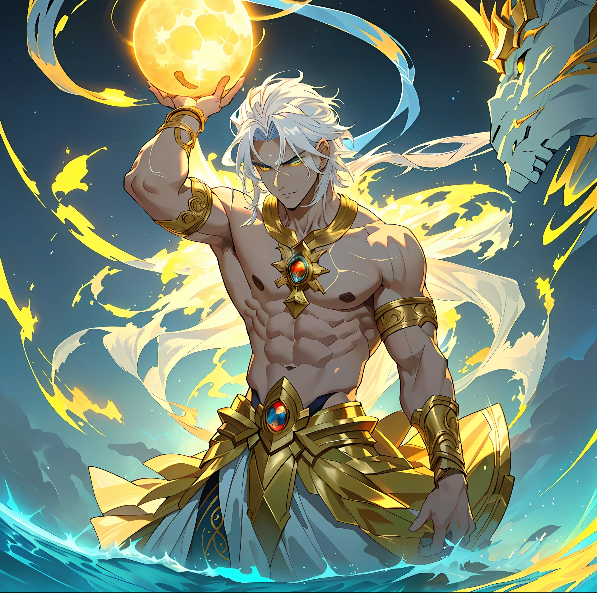 a close up of a man holding a yellow ball in his hand, furious god zeus, god of moon, an epic anime of a energy man, djinn human hybrid, skinny male fantasy alchemist, white haired deity, greek god, attractive male deity, djinn man male demon, the god zeus, god of the sun, male djinn man demon hybrid