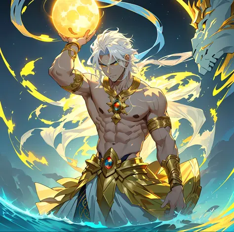 a close up of a man holding a yellow ball in his hand, furious god zeus, god of moon, an epic anime of a energy man, djinn human...