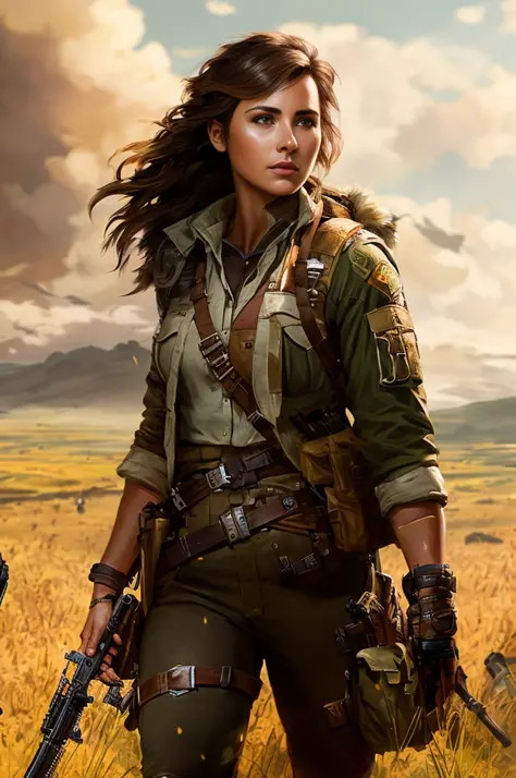 araffe woman in military gear holding a gun in a field, portrait of a female ranger, wojtek fus, solo female character, portrait...