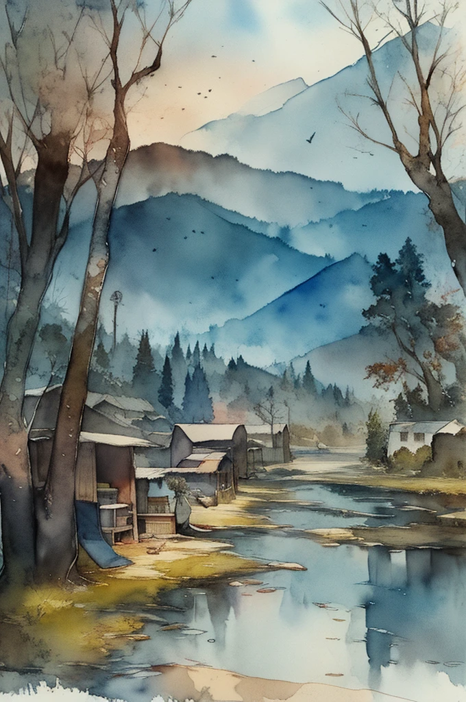 (watercolor: 1.2), poems, night scenes, poverty, watercolor, splashing ink, masterpieces, poverty, mystery, pen and ink, dawn, some books and four treasures desk, desolate mountains, trees and grasslands lack vitality, a bird