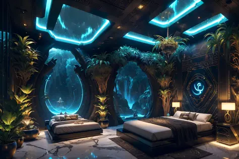 incredible luxurious futuristic bedroom interior in Ancient Egyptian style with many ((lush plants)) (lotus flowers), ((palm tre...