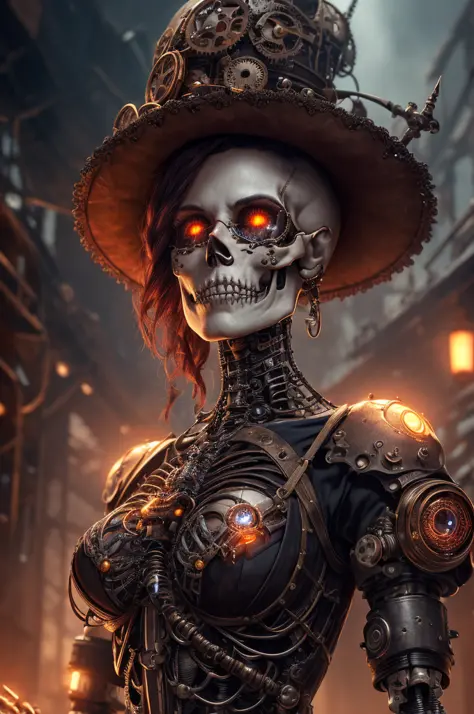 (Very detailed 8k wallpaper), portrait of a scary necromancer, cyborg skeleton, intricate, highly detailed, dramatic, steampunk fantasy style, retro futuristic female robot