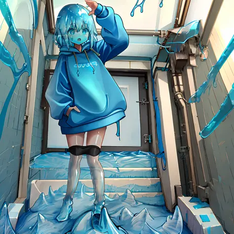 ,1girl,(slime girl), viscous blue skin,high quality,(((slime sports sweatshirt))),translucent body, transparent skin,