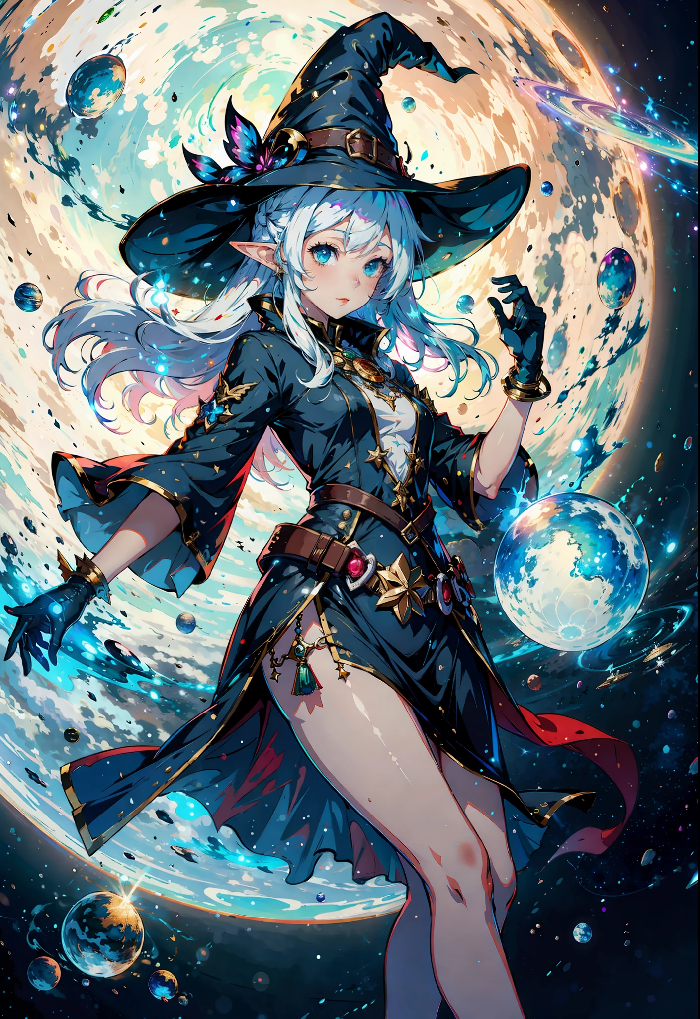 best quality, highres, 1girl, elf, witch hat, floating in space, energy sphere, light particles, shiny hair, shining stars, fantasy,