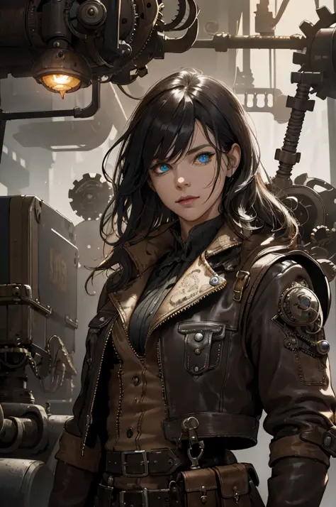 there is a woman in a leather jacket standing in a room, steampunk beautiful anime woman, portrait of lady mechanika, like lady ...