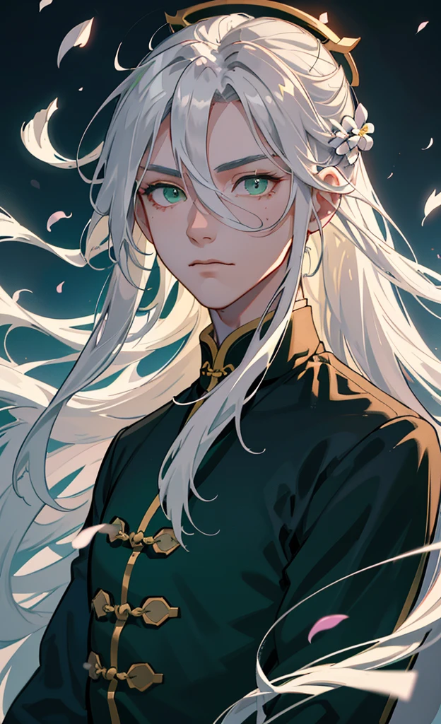 Adult male, strong, green eyes, long silver hair, floating hair, forehead wipe, resolute eyes, complex white Taoist Taoist uniform, gorgeous accessories, magic smoke around him, fov, f/1.8, masterpiece, ancient Chinese architecture, night, flower petals flying, front portrait shot, side lighting, moonlight shining on people, 8K