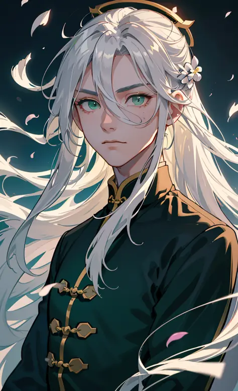 Adult male, strong, green eyes, long silver hair, floating hair, forehead wipe, resolute eyes, complex white Taoist Taoist unifo...
