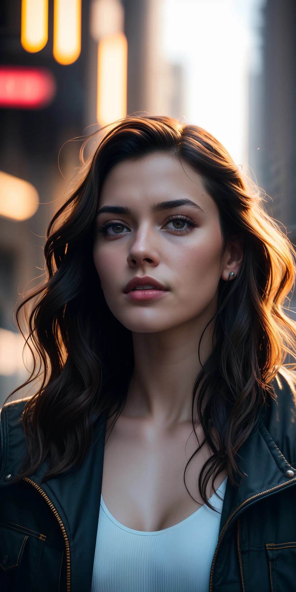 Full face portrait photo of a 25-year-old European girl, RAW, beautiful woman, semi-open strawberry lips, dimples, wistful look, (extra long wavy brown hair), ((detailed face)), ((detailed facial features)), (finely detailed skin), pale skin, (deep neckline detailed high-tech cyberpunk dress), cyberpunk megacity environment, (cool colors), damp, damp, reflections, (masterpiece) (perfect proportion)(realistic photo)(best quality)  (detailed) shot on a Canon EOS R5, 50mm lens, F/2.8, HDR, (8k) (wallpaper) (cinematic lighting) (dramatic lighting) (sharp focus) (intricate), RAW photo, RAW photo, gigachad photo, posing for camera, black jeans, back arms, 8k uhd, dslr, high quality, grain film, Fujifilm XT3, film stock photography 4 kodak portra 400 camera f1.6 lens rich colors hyper realistic texture dramatic lighting unrealengine trend in artstation cinestill  800 tungsten, toughboy style, ultra focus face, intimidating, in fighting position, short messy hair, muscular, bursting veins, beaded