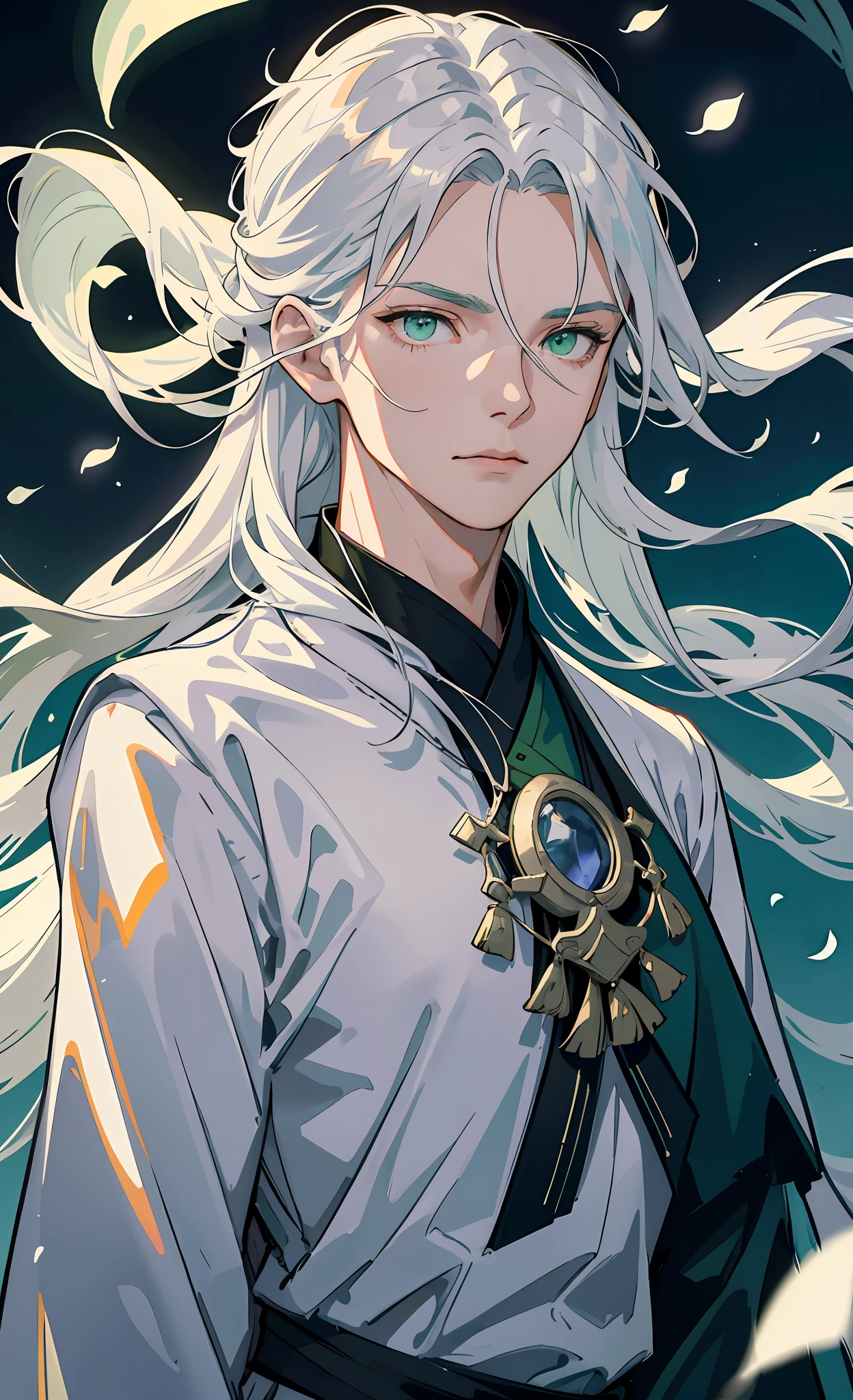 Adult male, strong, green eyes, long silver hair, floating hair, resolute eyes, white fairy robe, gorgeous accessories, magic smoke around him, fov, f/1.8, masterpiece, ancient Chinese architecture, night, petals flying, imperial sword flying, front portrait shot, side lighting, moonlight shining on people, 8K, eyes looking directly at the screen