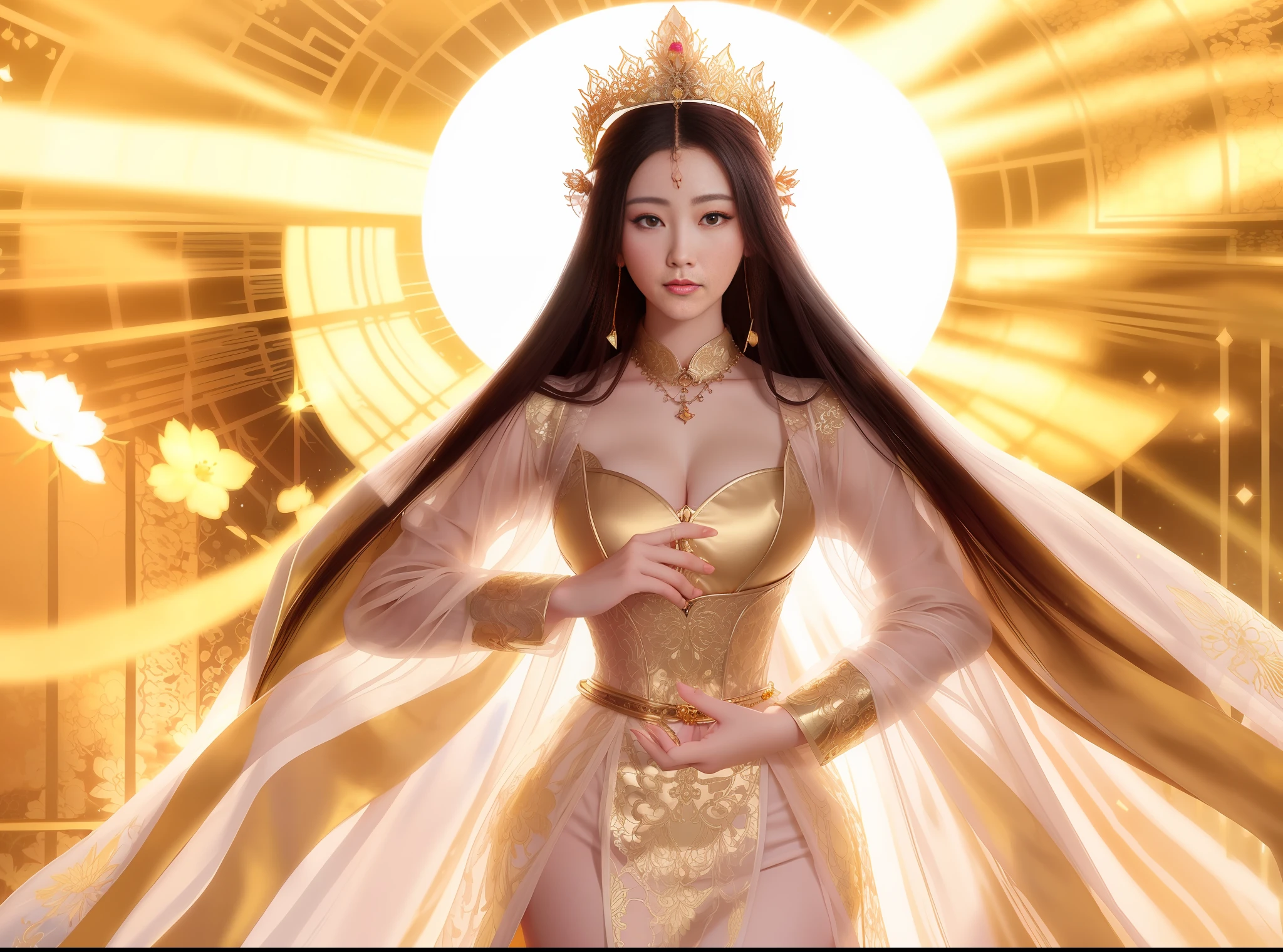 a close up of a woman in a sexy transparent gold lace armor gigantic cleavage breasts with a lotus flower in her hand, head jewelry, necklace , gold belt, a beautiful fantasy empress, ((a beautiful fantasy empress)), beautiful celestial mage, beautiful and elegant elf queen, beautiful character painting, full body xianxia, portrait knights of zodiac girl, by Yang J, g liulian art style, fantasy art style, foreshortening