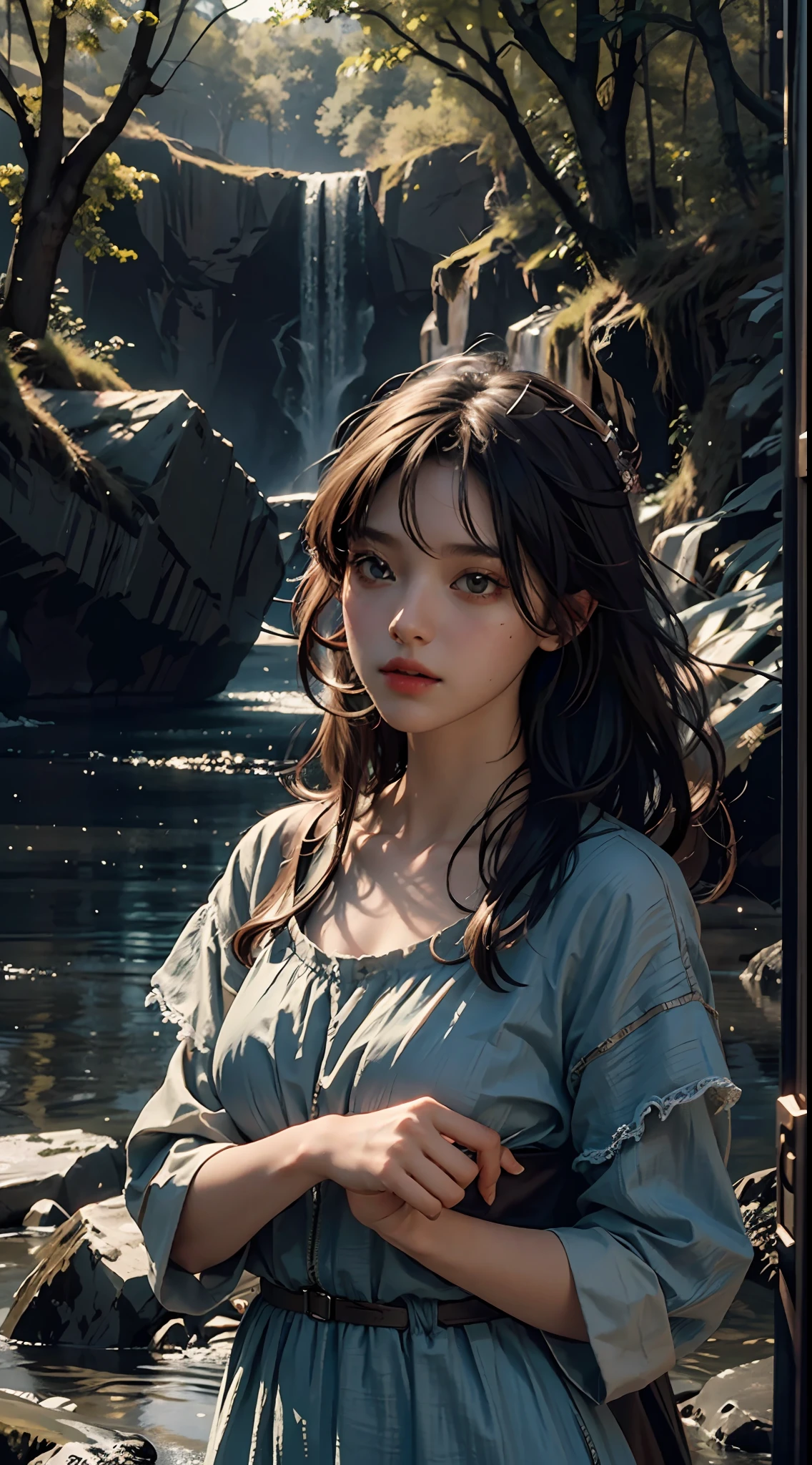 Best Quality, Masterpiece, Ultra High Resolution, (Photorealistic: 1.4), Original Photo, 1Girl, Dress, Cinematic Lighting, (Wilderness Escape: 1)