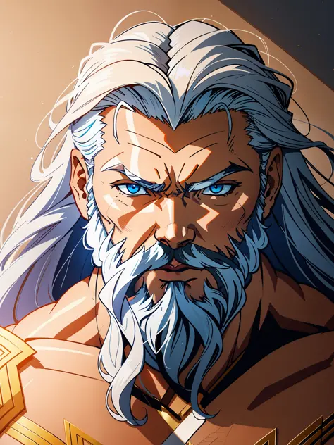 Full potrait of Rugged muscular zeus greek god of lightening, anime version,full long white hair highly intricate detailed, ligh...