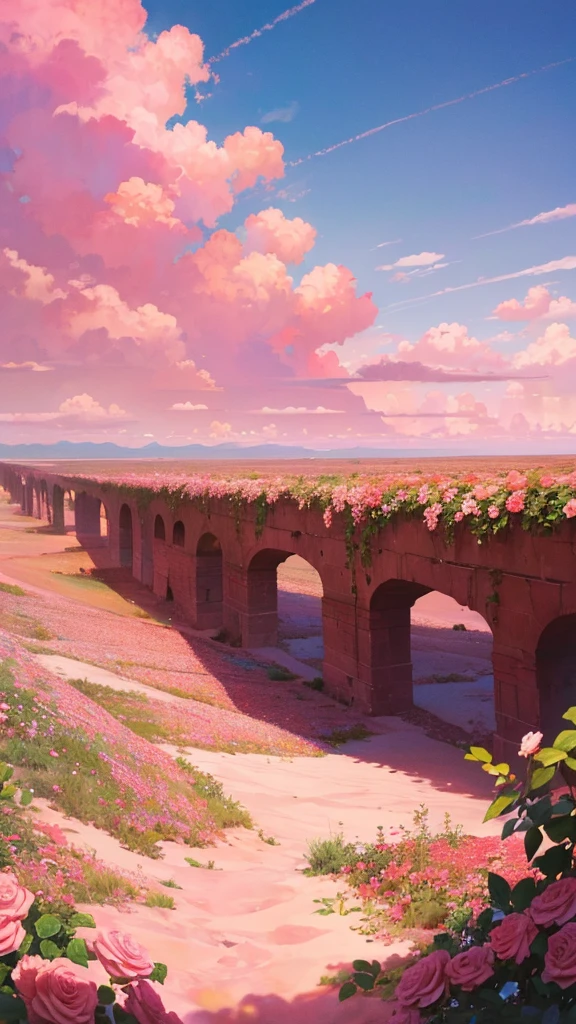 Summer, desert, pink clouds, a land overgrown with roses, James Gurney, art station rendering, ultra-wide lens, high definition