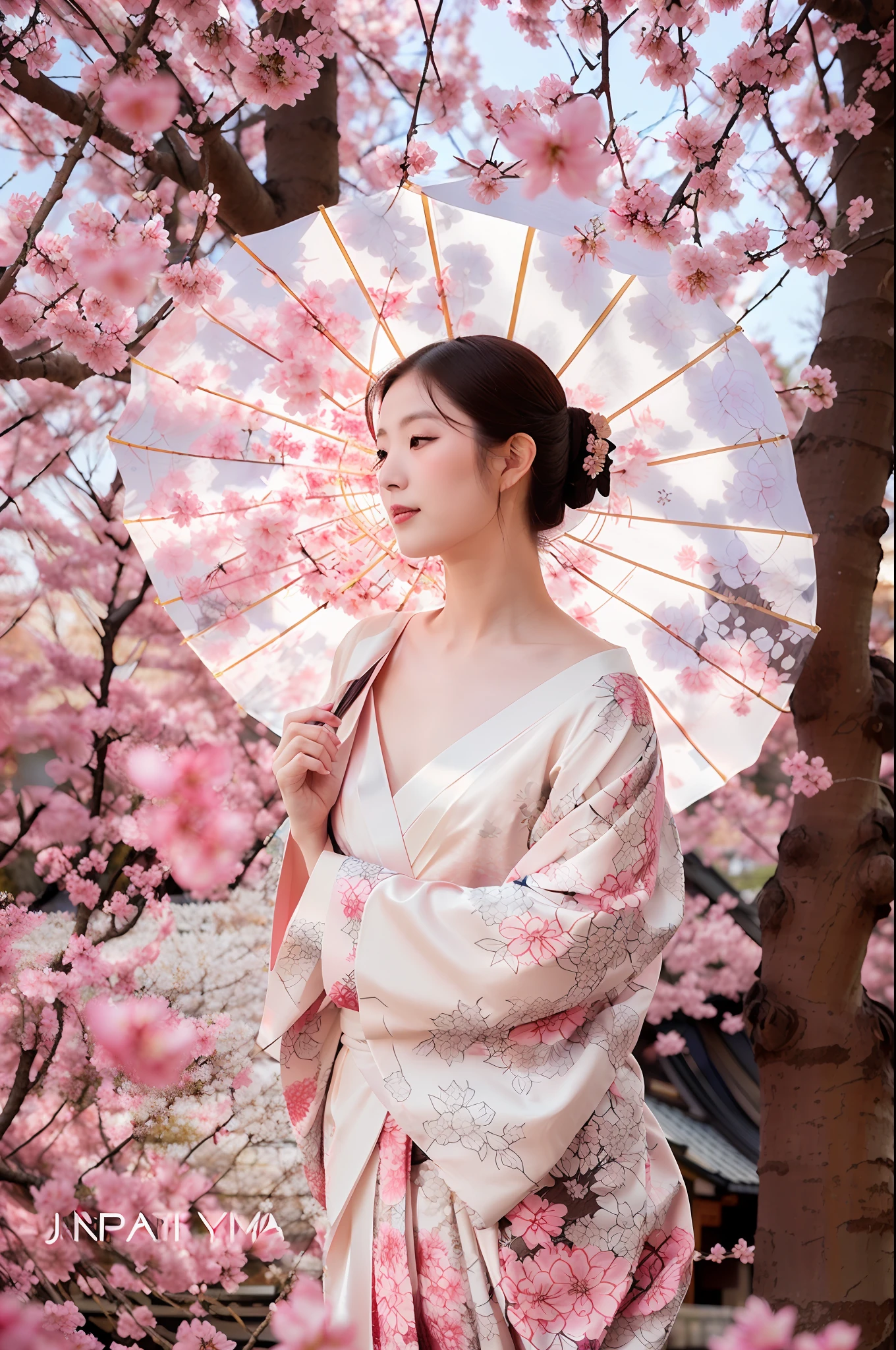 Araffe Woman In Kimono With Umbrella In Front Of Cherry Tree Elegant