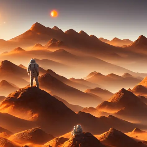 high quality digital art, gritty astronaut standing on top of a desert planet, mountains in the background, smoke in the backgro...