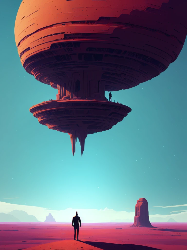 an artist's rendering of an alien landscape with a man standing in the distance by Christopher Balaskas