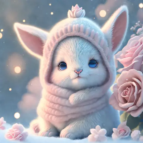 ultra-detailed CG art, adorable fawn curled up surrounded by ethereal roses, pastels, glimmer bokeh, ethereal, best quality, highest resolution, intricate details, fantasy, cute animals