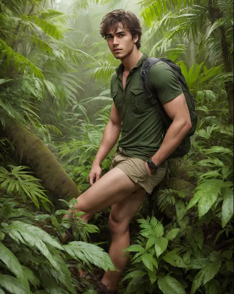 a young and extremely handsome rugged adventurer lost in a lush and foggy jungle, determined to complete hismission, short messy...