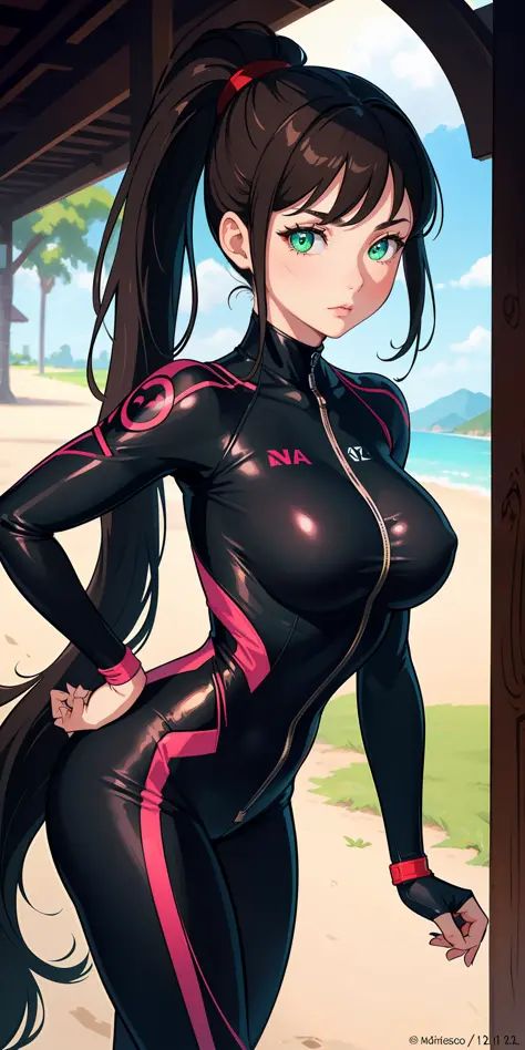(masterpiece:1.2, best quality), (finely detailed beautiful eyes: 1.2), a girl with a brown ponytail, green eyes, big breasts, only 1 girl, age 20, black red dva jumpsuit